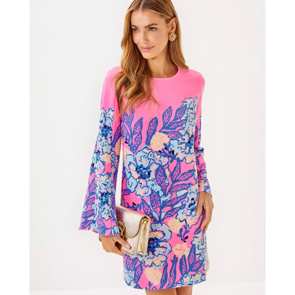 Lilly Pulitzer Gwenlyn Pink Blue Floral Bell Sleeve Shift Dress NWT Size 8